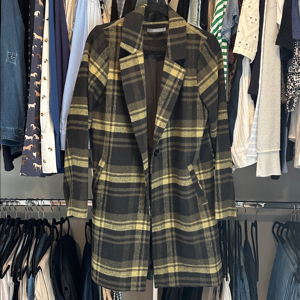MATTY M Wool blend size M, black and citrone Plaid Pea Coat. Like new!